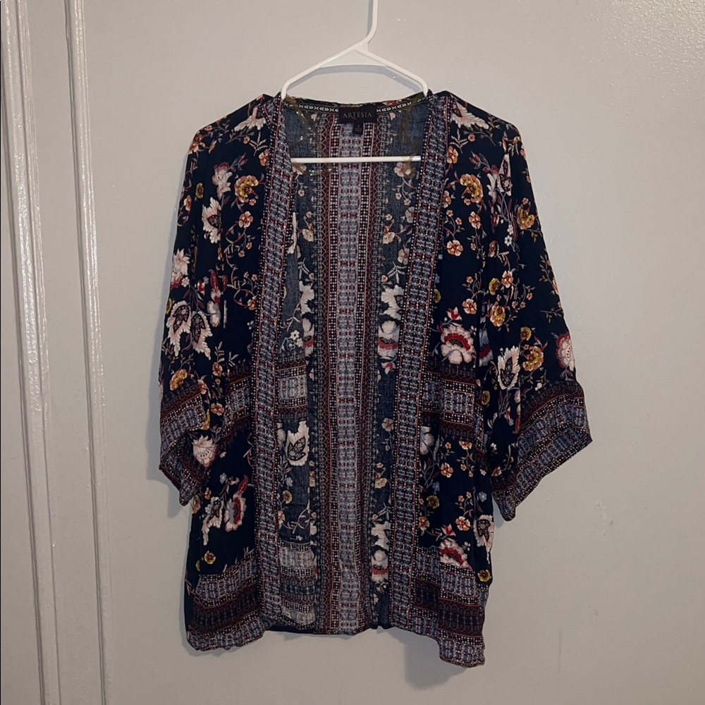 Floral Open-Front Blouse in Navy and Multicolor